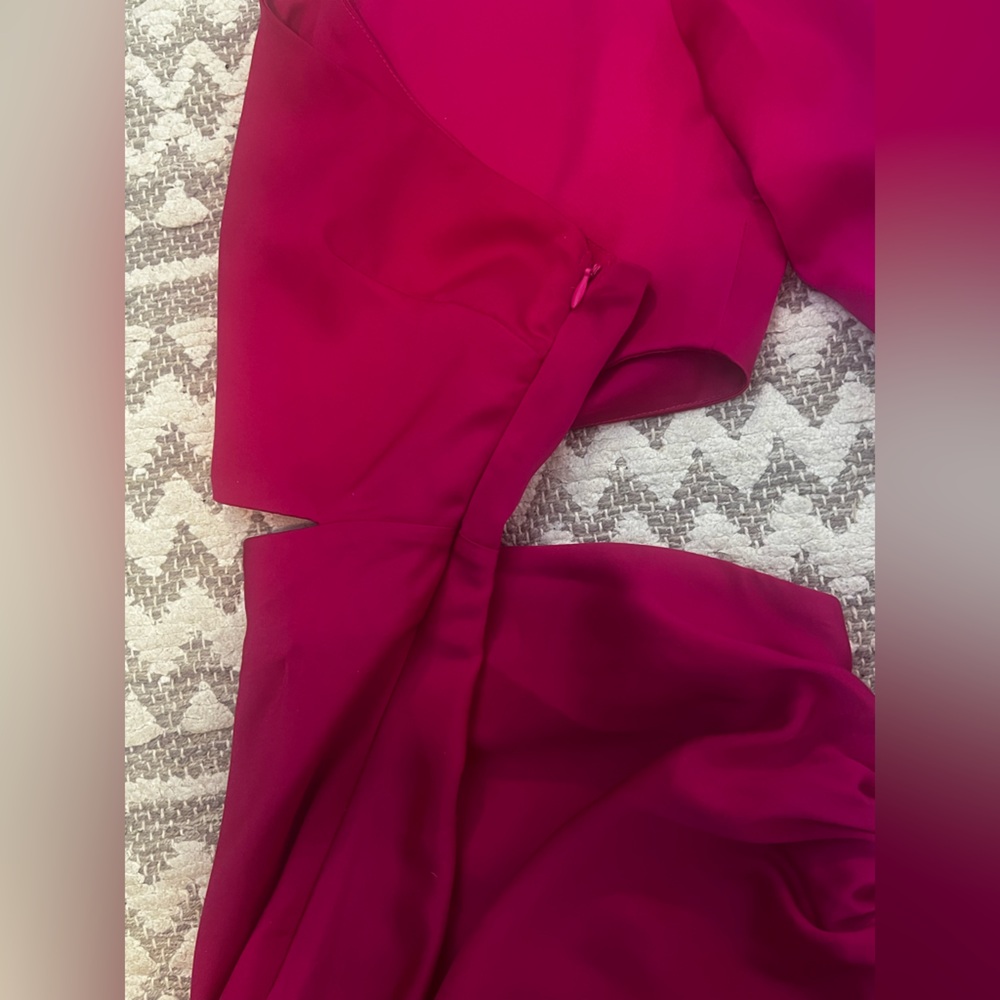 Showpo Rayanna One Shoulder Satin Long Sleeve Cut Out Mini Dress in Fuschia - Picture 4 of 10